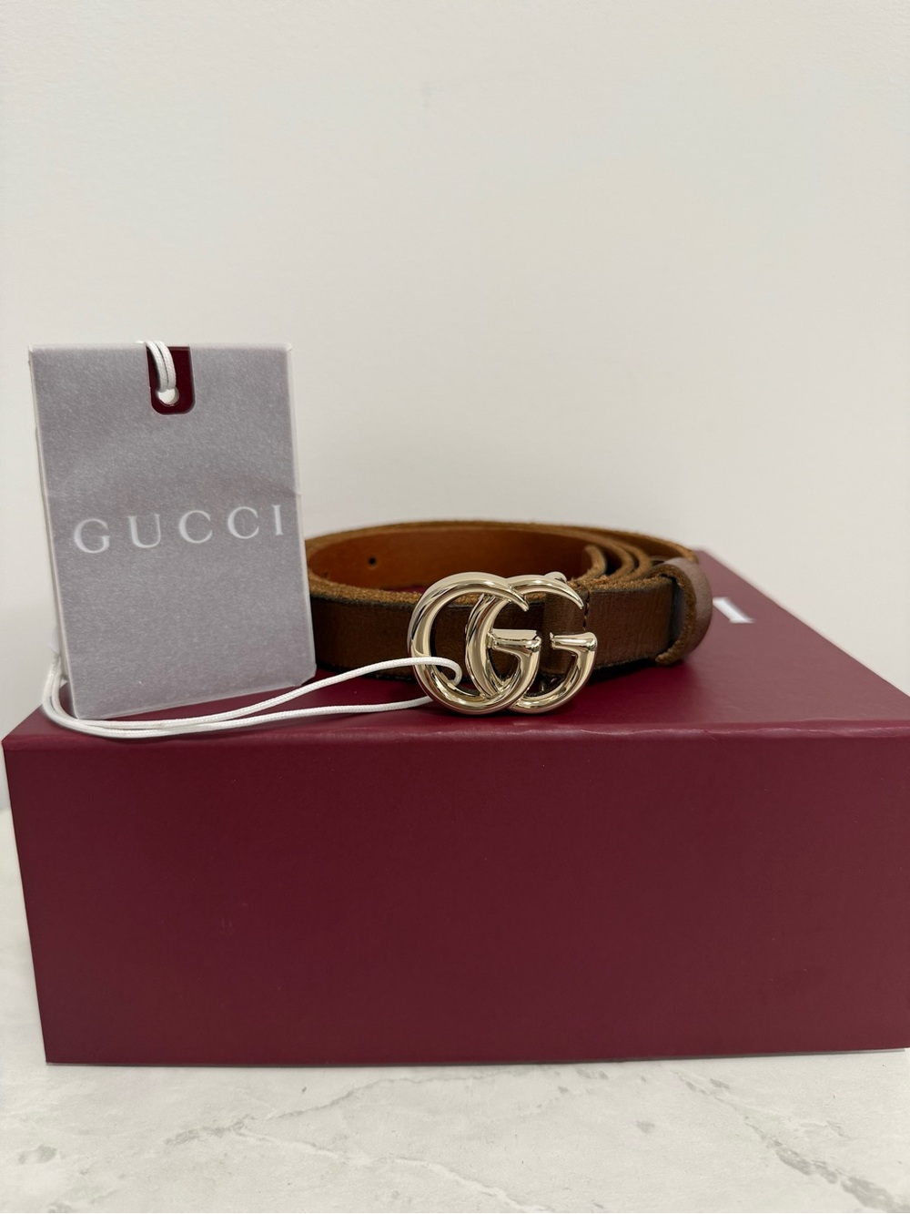 Women's Gucci GG Marmont Thin Leather Belt - Cuoio Toscano - Size 95 - NEW